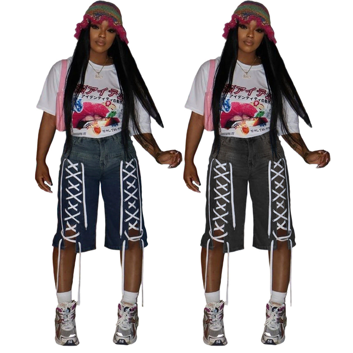 Women Retro Lace-Up Street Stretchy Washed Denim Shorts 4