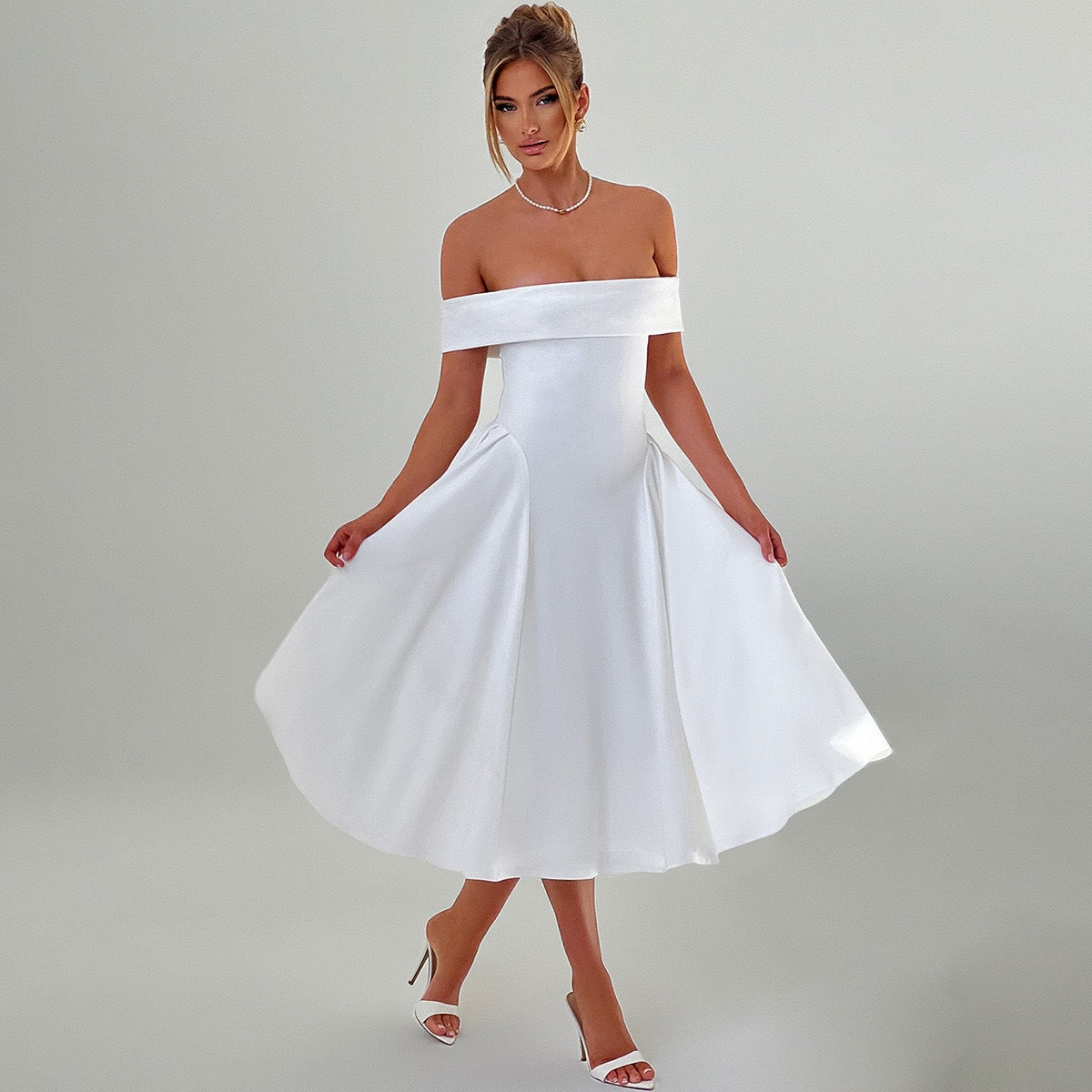 Women Elegant Solid Off Shoulder Formal Party Dress
