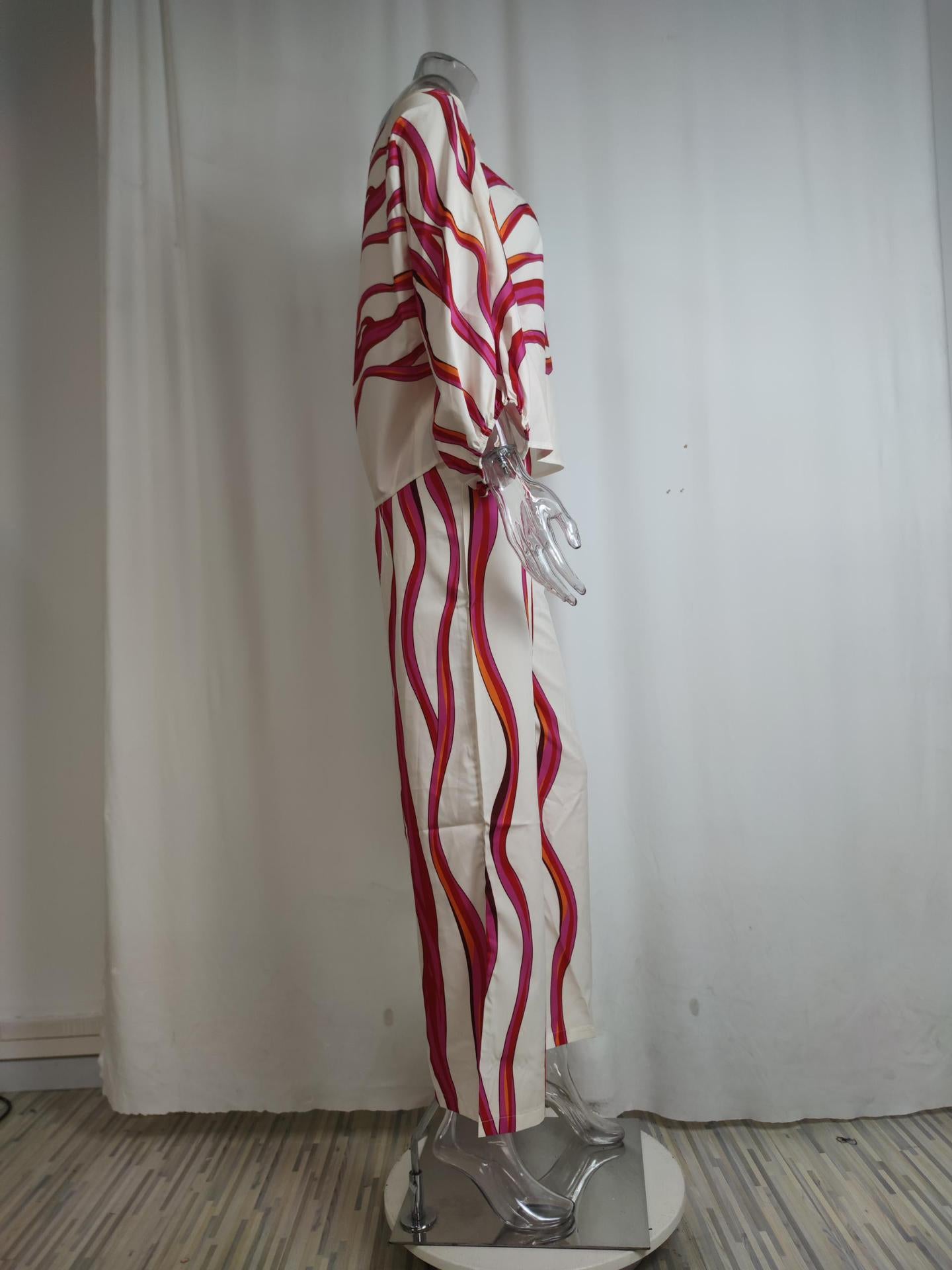 Women Printed Casual Loose Top and Wide Leg Pants Two-piece Set 30