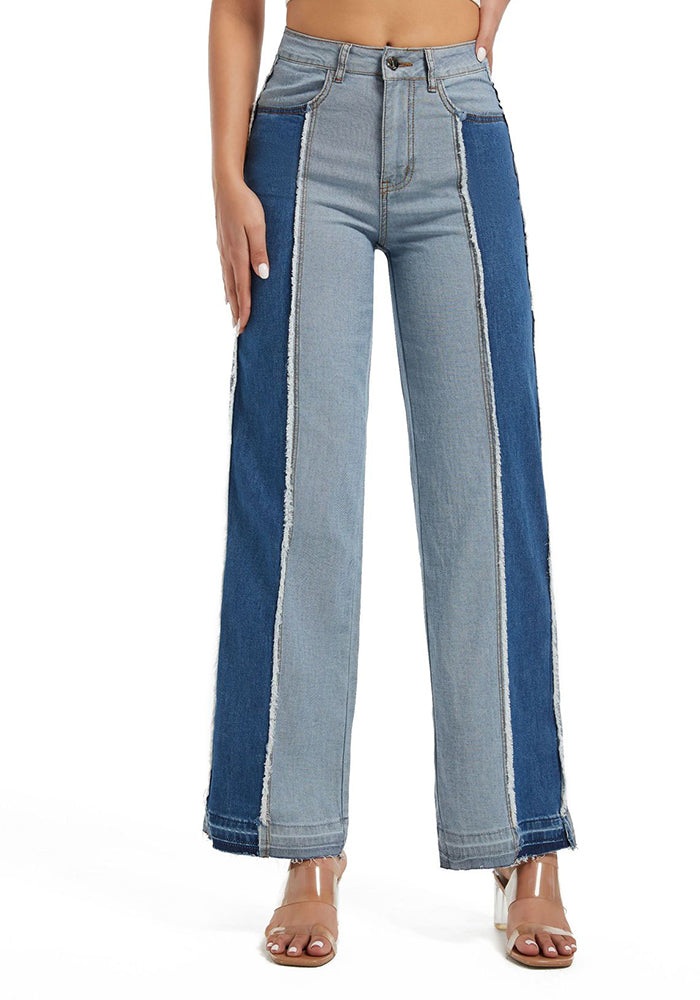 Women's Winter Fashion Slim Patchwork Contrast Color High Waist Casual Straight Denim Pants