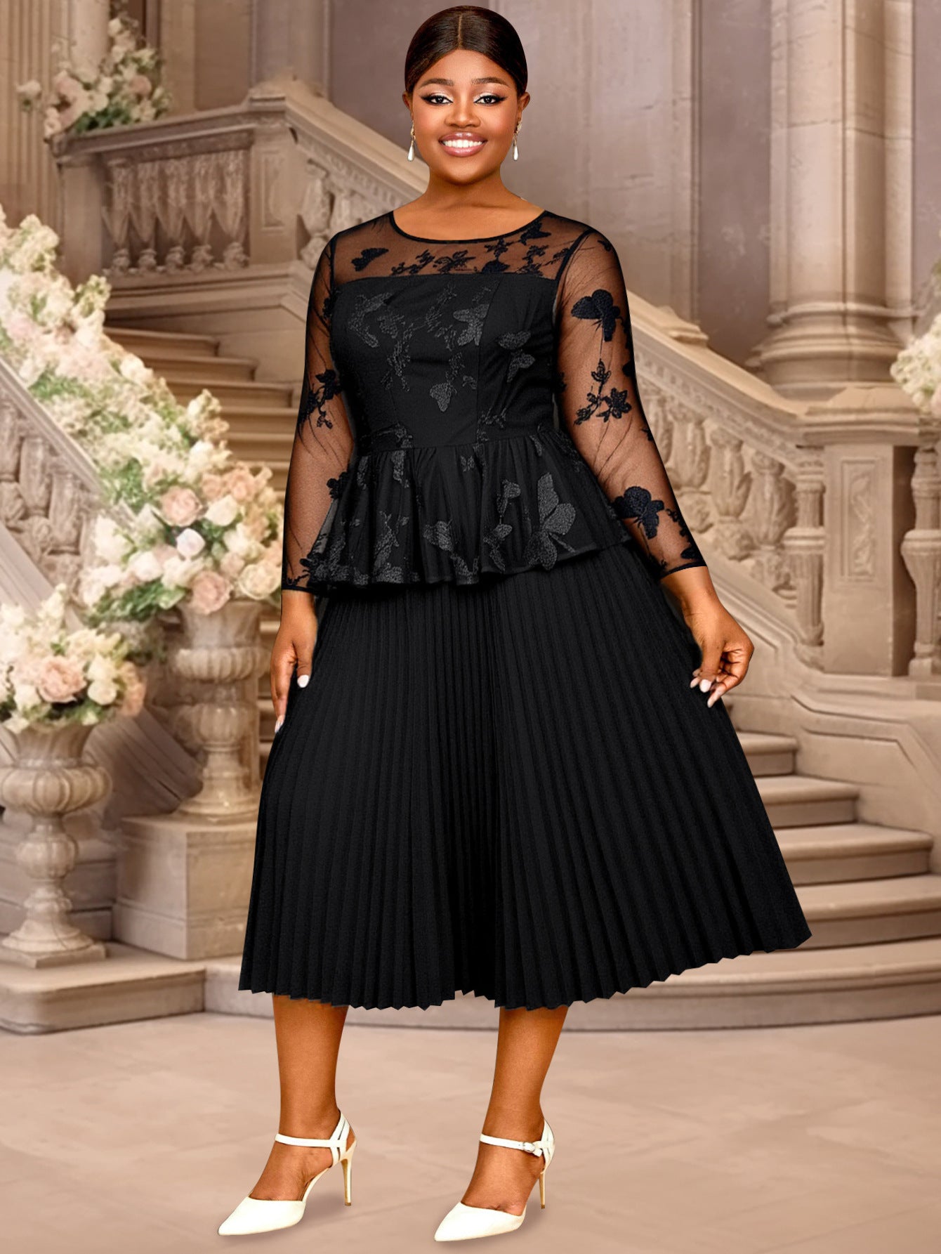 Plus-Size Women Elegant Black Patchwork Embroidered Mesh Ruffle Long-Sleeved Pleated Dress