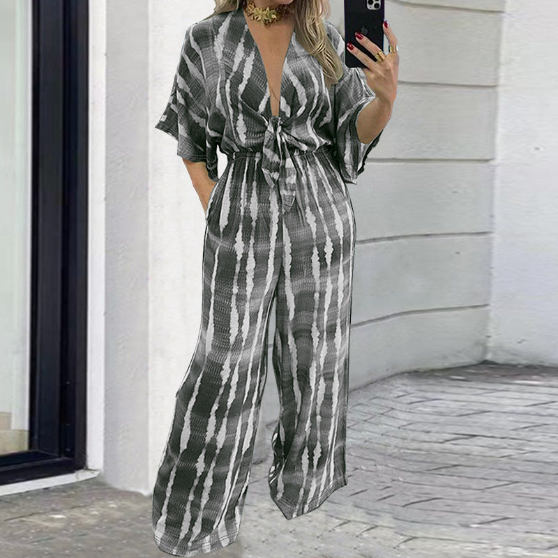 Plus Size Women Lace-Up Half-Sleeve Jumpsuit