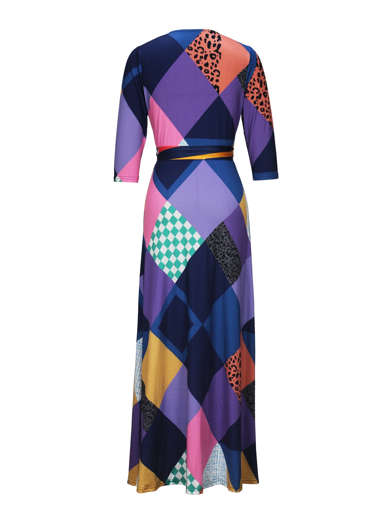Spring & Autumn Women's Fashion Elegant Wrap V-Neck Half-Sleeve Print Belt Maxi Dress 106