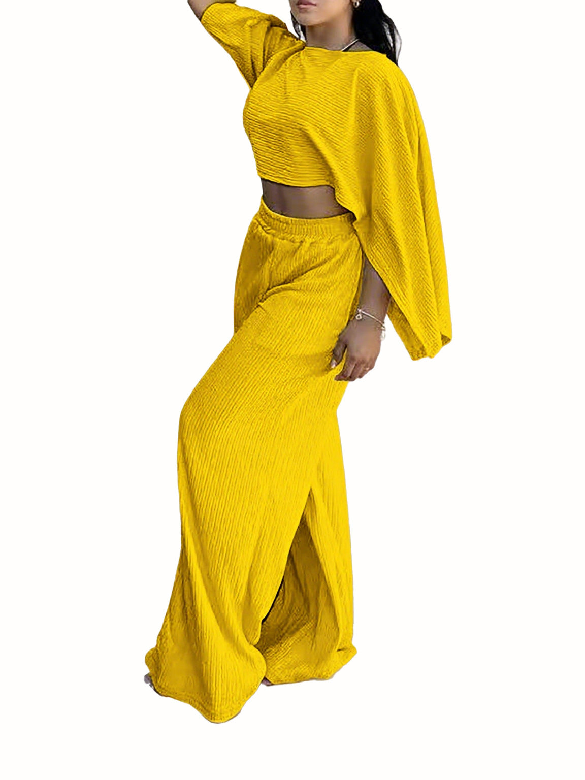 Women's Fashion Sexy Beach Holidays Solid Slash Shoulder Irregular Top with Elastic Waist Pockets Long Pants Set 16