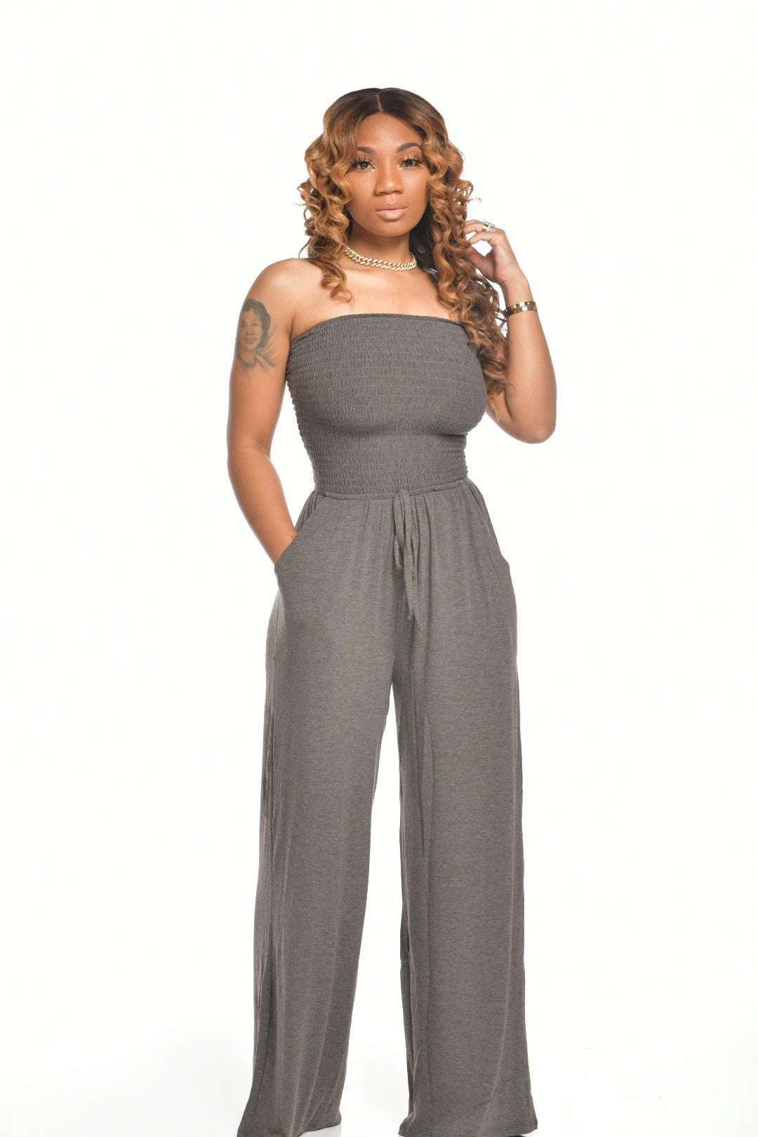 Women's Casual solid color strapless wide leg Jumpsuit 3