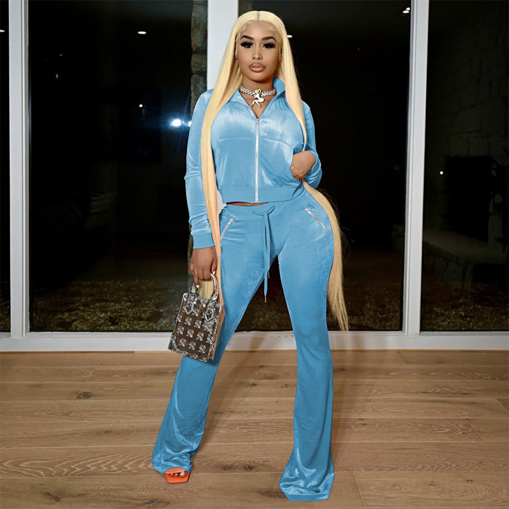 Women's Velvet Solid Color Sexy Zipper Pocket Two-Piece Tracksuit 4
