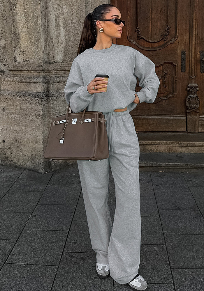 Women Autumn Gray Knitting Long Sleeve Top and Pants Casual Sports Two Piece Set