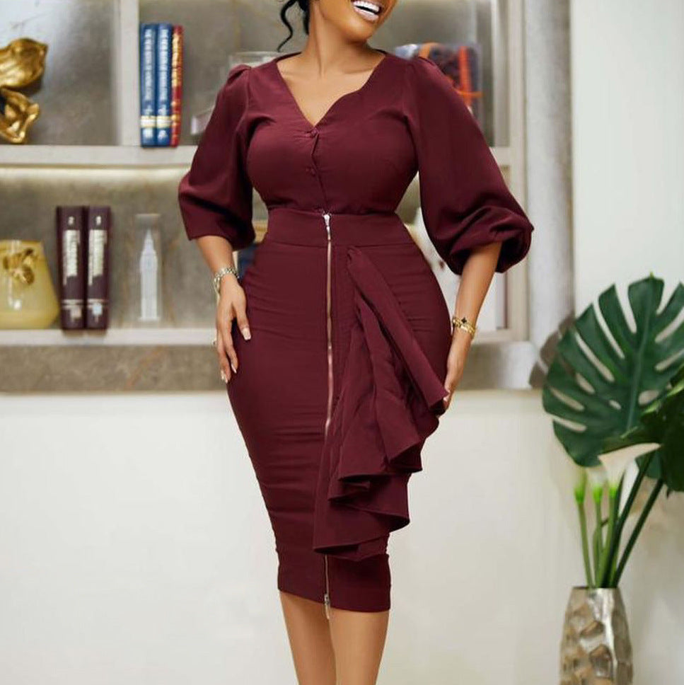 Plus Size Women'S Fall/Winter V-Neck Long Sleeve Top Bodycon Skirt Two Piece Set