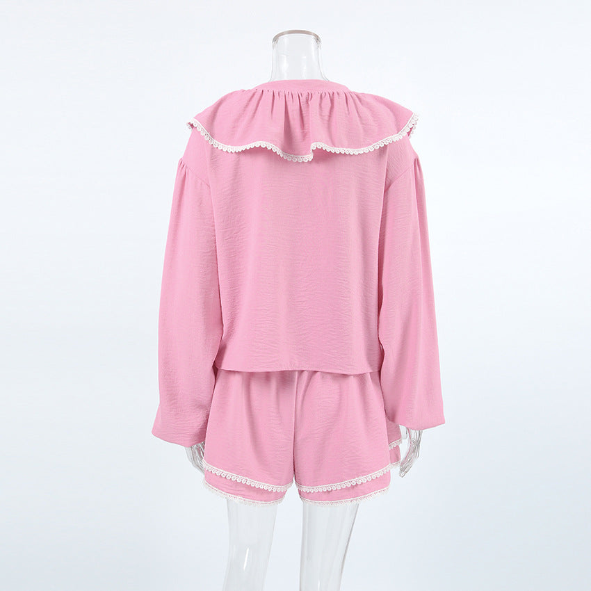Women French layered ruffle Turndown Collar lantern sleeve loose shirt shorts Two Piece Set 5