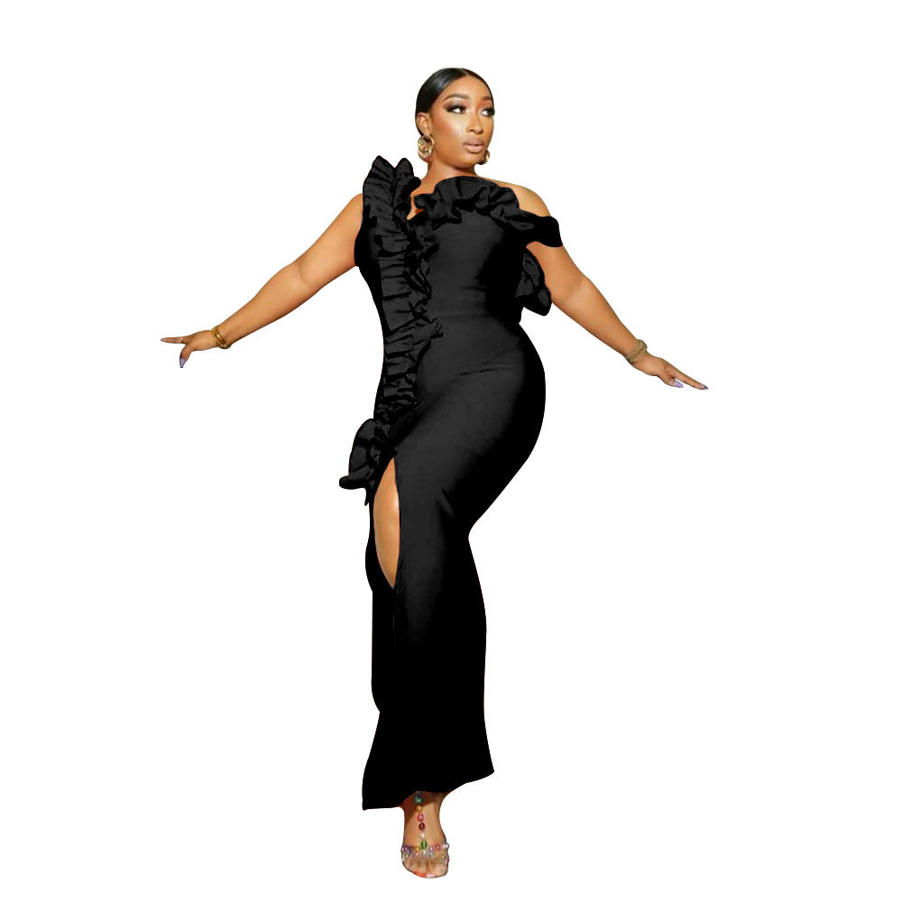 Women's Sexy Ruffled One-Shoulder Slit Evening Dress 6