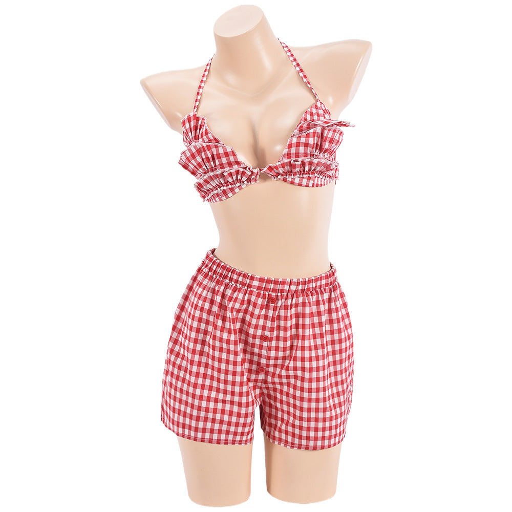 Women’s Summer Plaid Lace-Up Crop Top Shorts Set 6