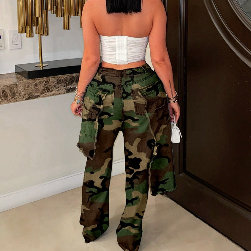 Women's Autumn Winter Fashion Camouflage Distressed Patchwork Rip Denim Pants 3