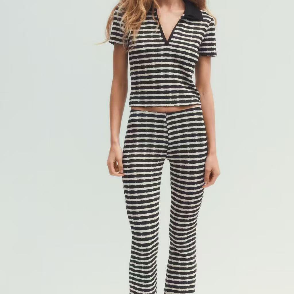 Fashion Turndown Collar Shirt & Striped Bell-Bottom Pants Summer Knit Set 8