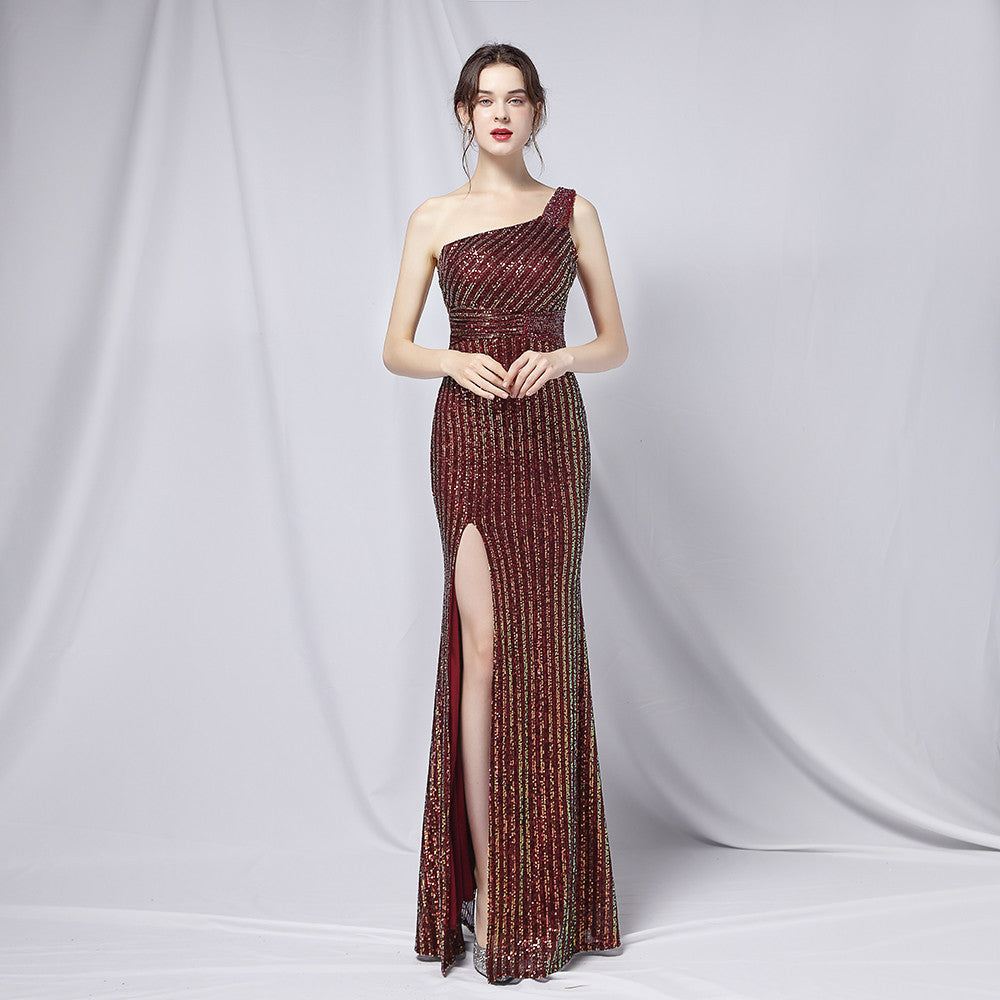 Summer Formal Sequin One-Shoulder Slit Evening Dress 9