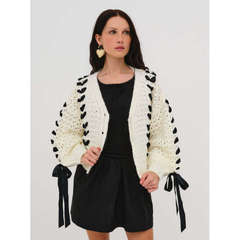 Autumn Winter V-Neck Lace Hollow Knitting Cardigan Top Loose Casual Sweater Jacket Women 7