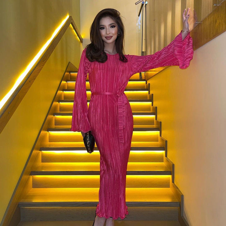 Women's Autumn Round Neck Belt Bell Bottom Long Sleeve Long Pleated Dress 3