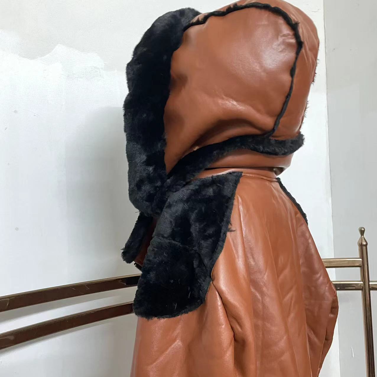 Winter Men'S Pu Leather Wool One-Piece Short Coat Hooded Men'S Jacket 15