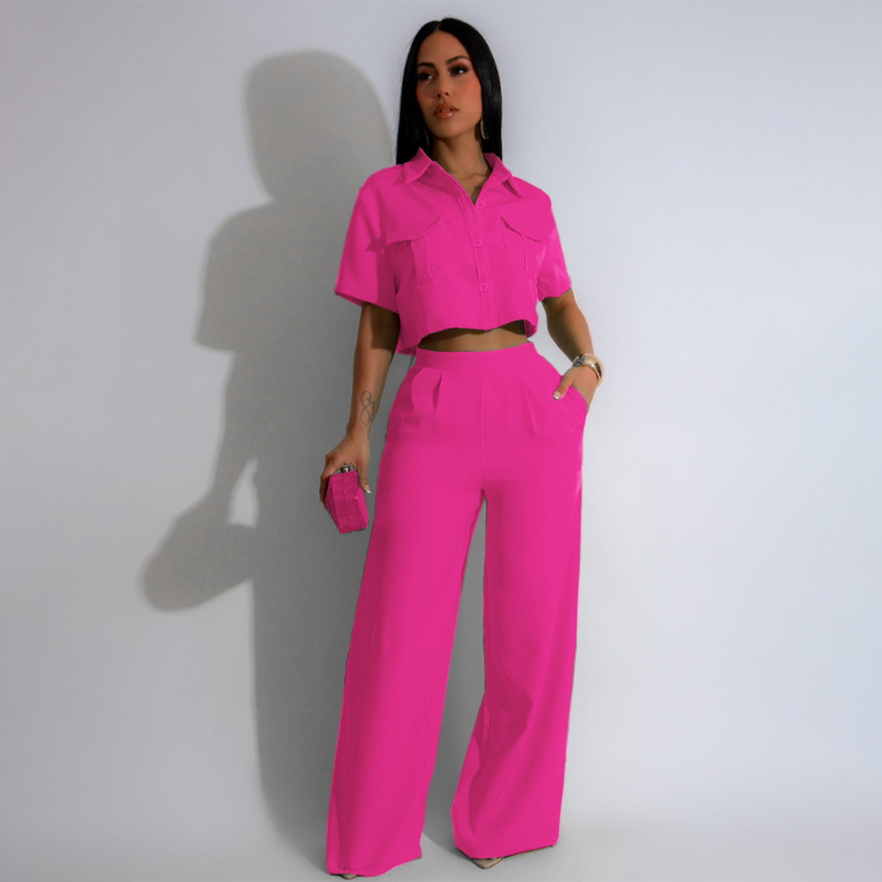 Women's Summer Fashion Turndown Collar Short Sleeve High Waisted Wide Leg Fashion Two Piece Pants Set 5