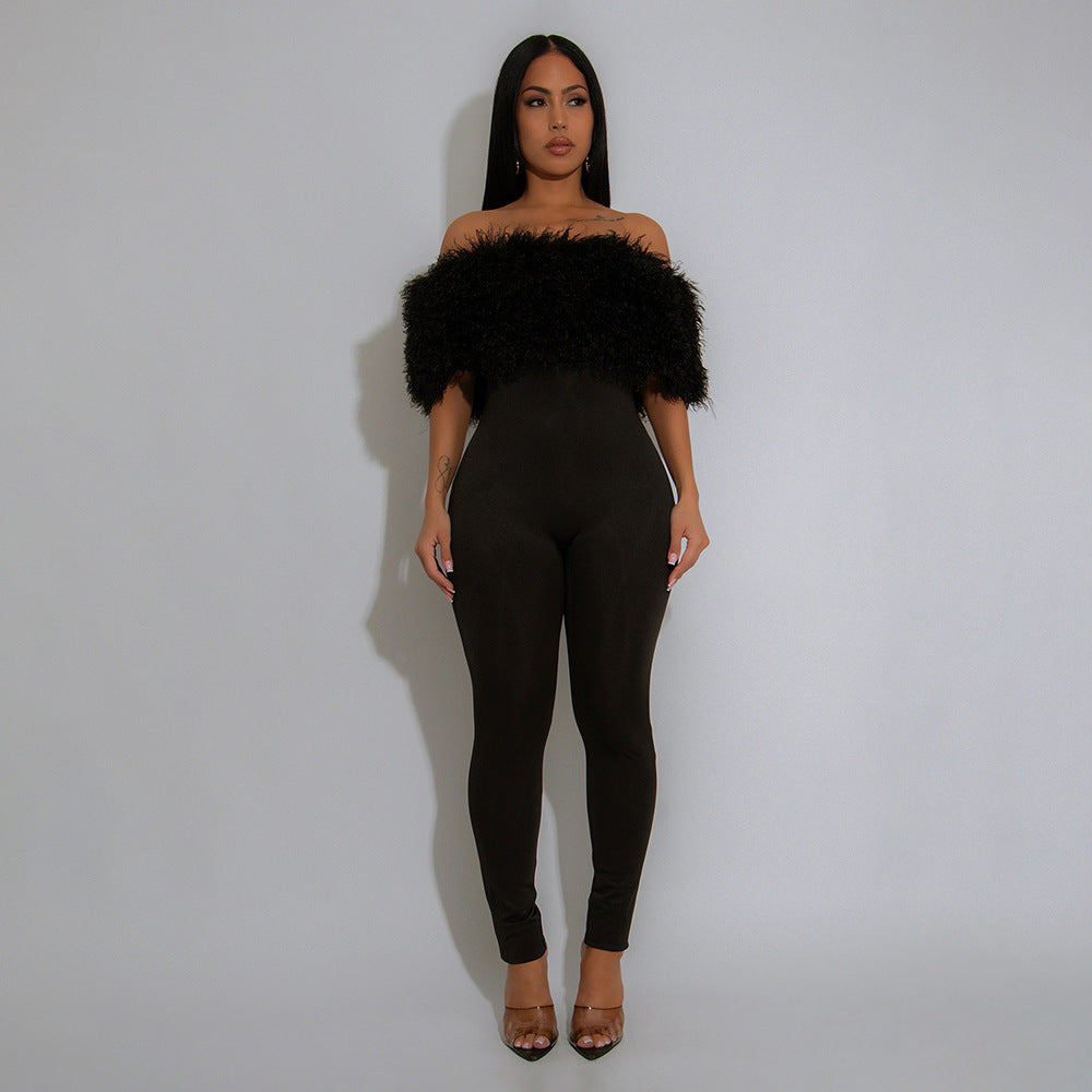 Off Shoulder Furry Patchwork Slim-Fit Jumpsuit 4