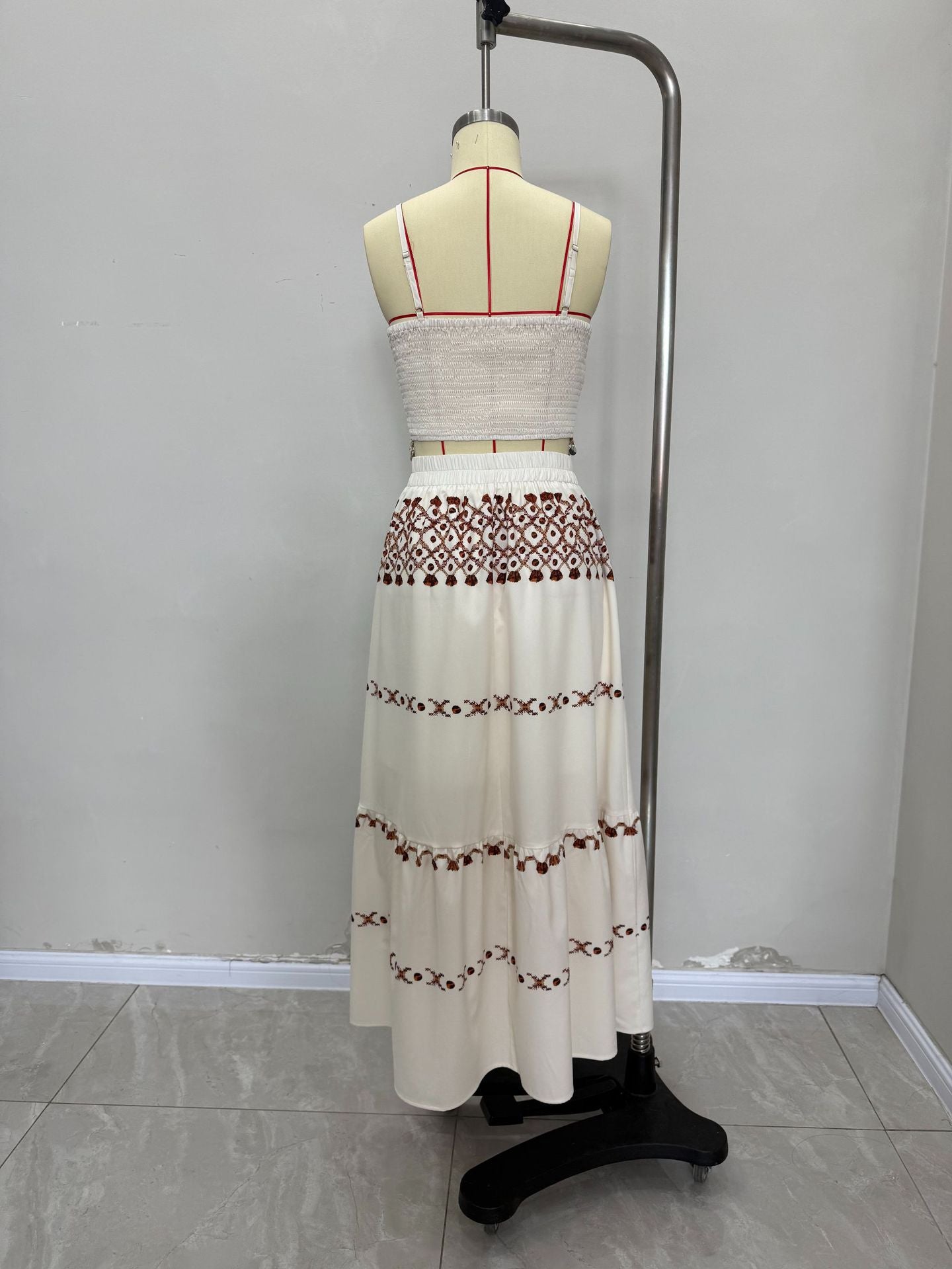 Women Bohemian Holidays Print Beach Tassel Ribbon Suspender Top and Skirt Two-piece Set 6