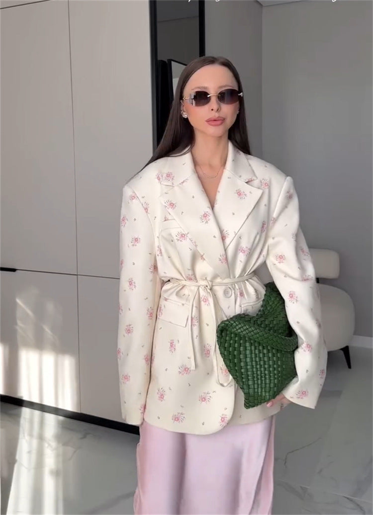 Women's Spring/Summer Printed Loose Turndown Collar Lace-Up Slim-Waist Jacket 3