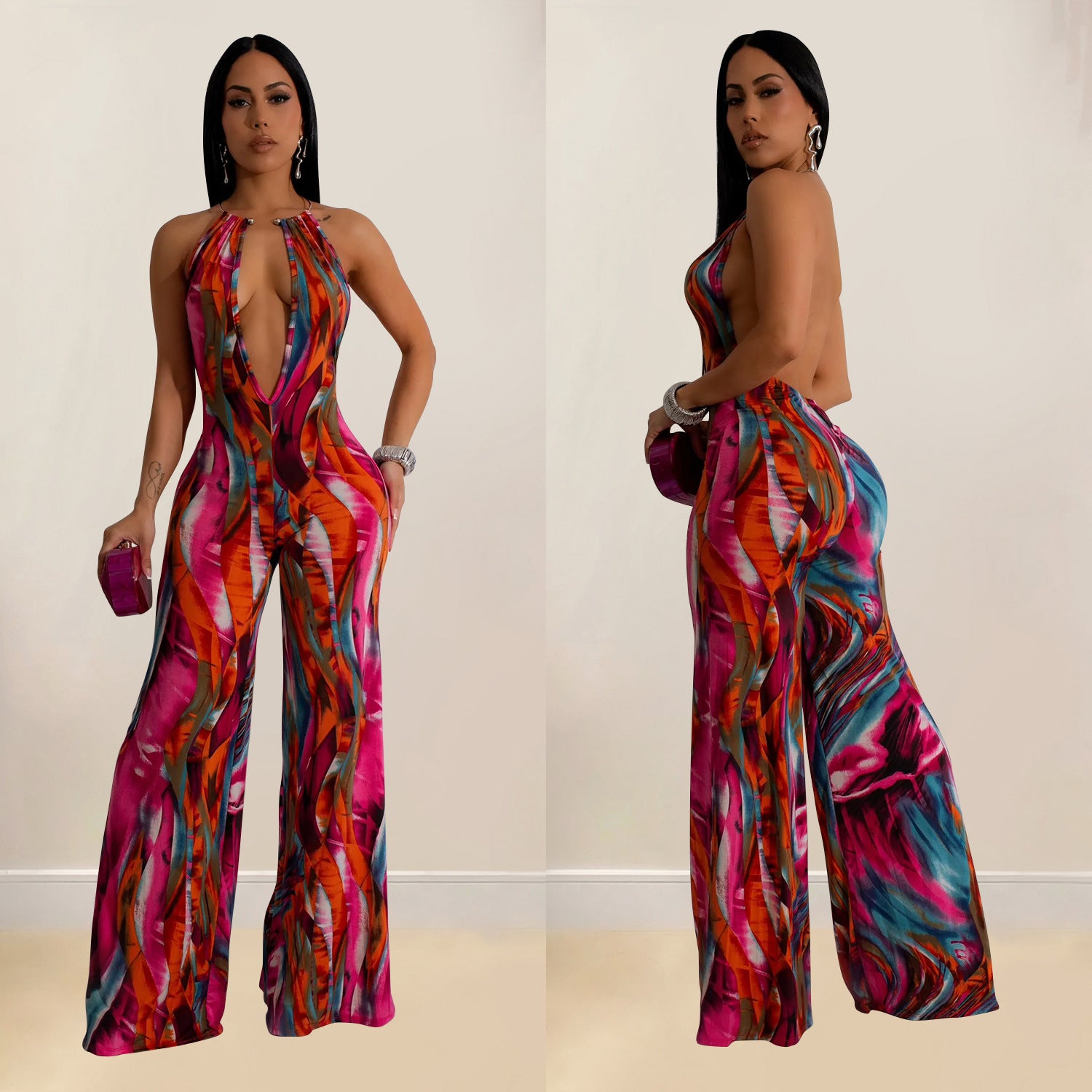 Women Printed Sleeveless V Neck Color Block Backless Jumpsuit 6