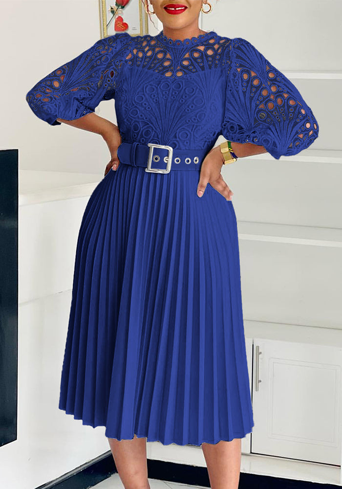 Women Solid lace hook flower hollow pleated dress