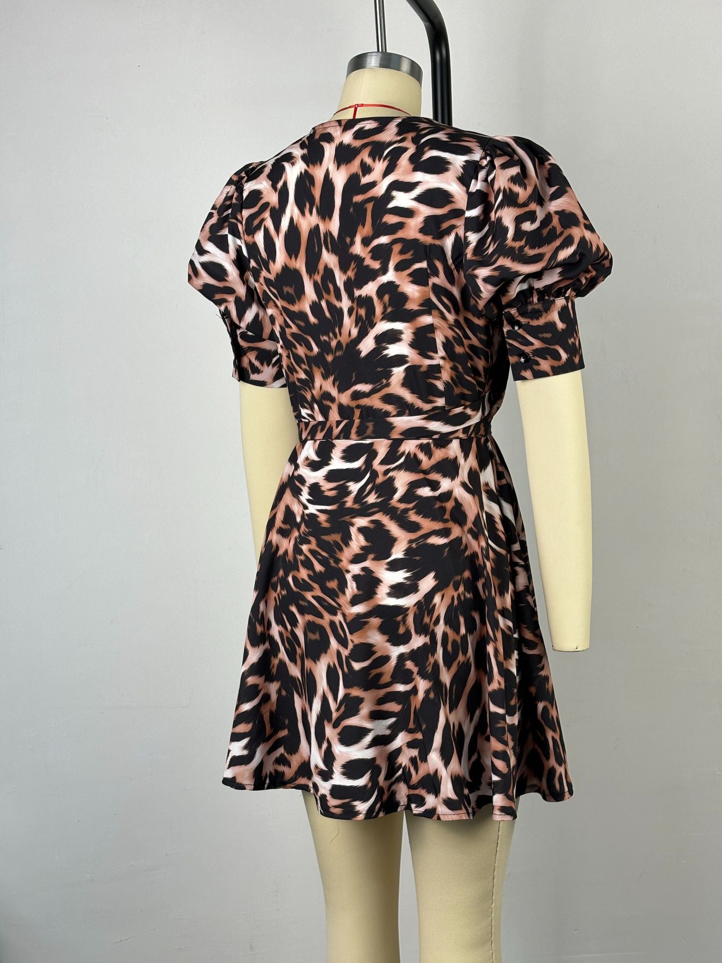 Women V-Neck Lace Leopard Princess Sleeve Dress 8