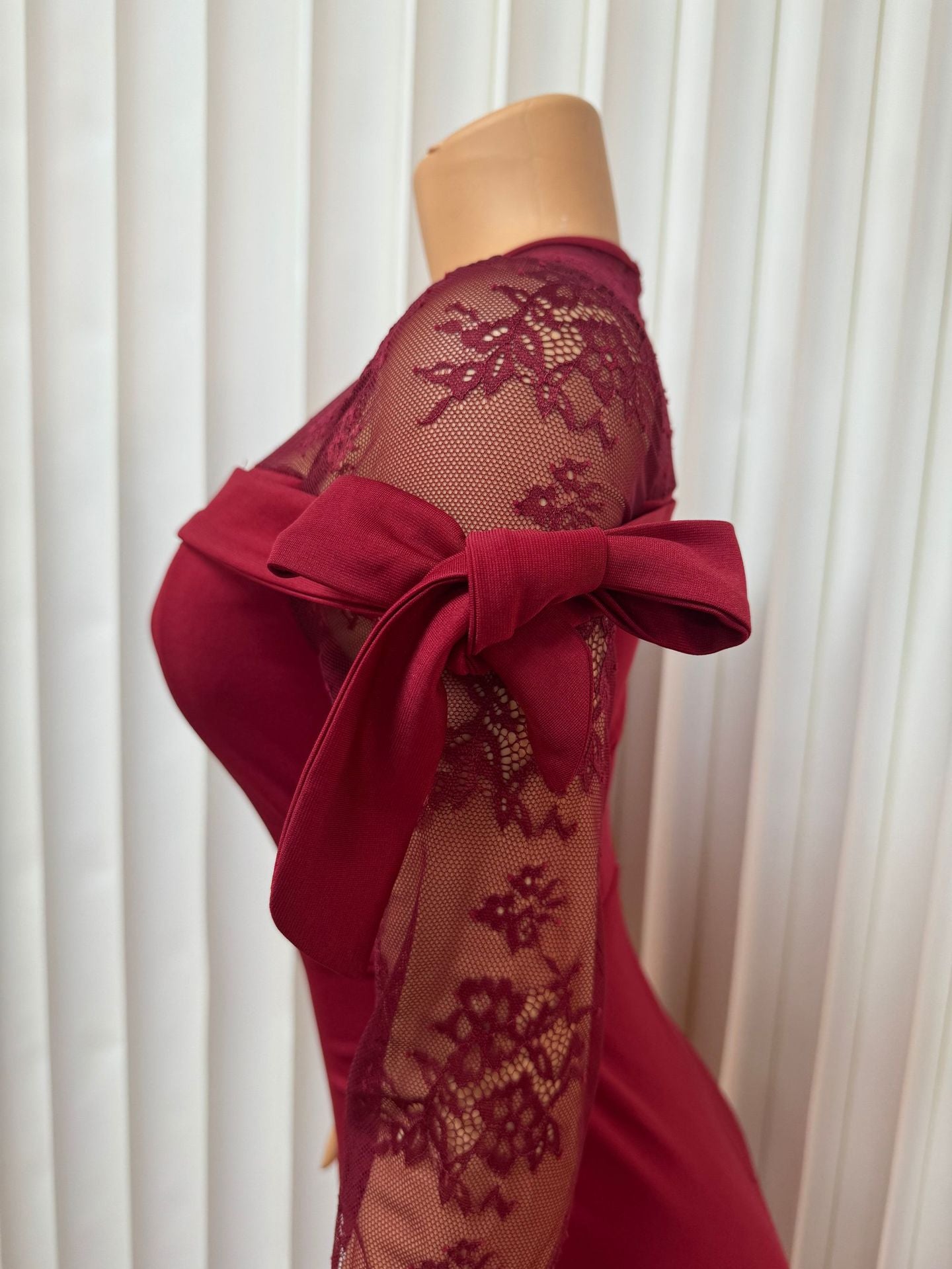 Solid Round Neck Sexy Lace Patchwork Sheer Slit Evening Dress for Women 13