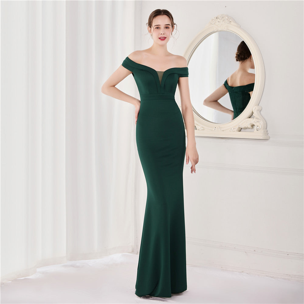 Summer Elegant Plain Off Shoulder Short Sleeve Evening Dress 13