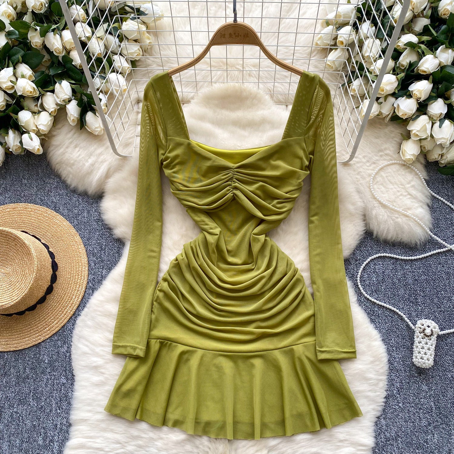 Women Autumn Pleated Square Neck Long Sleeve Ruffle Mesh Dress 7