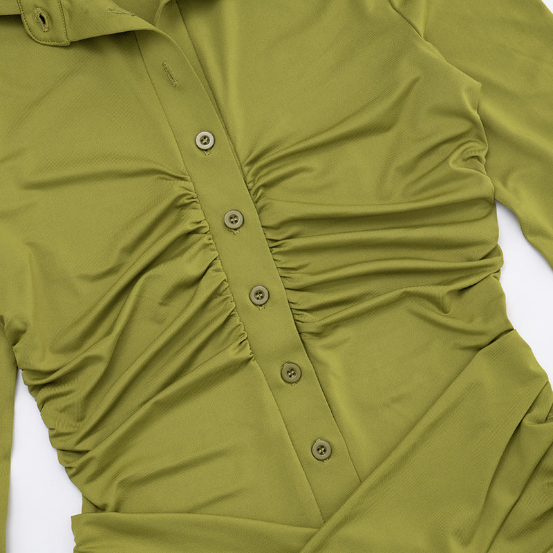 Women's Turn-Down Collar Button Long Sleeve Bodycon Short Dress 22