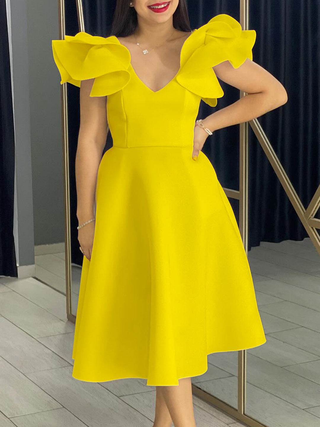 Summer Style Ruffle V-Neck High Waist A-Line Formal Party Dress 7