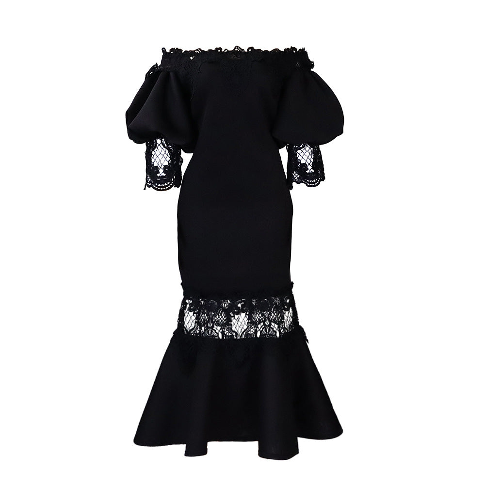 Women Off Shoulder Puff Sleeve Lace Patchwork Formal Party Mermaid Dress 13