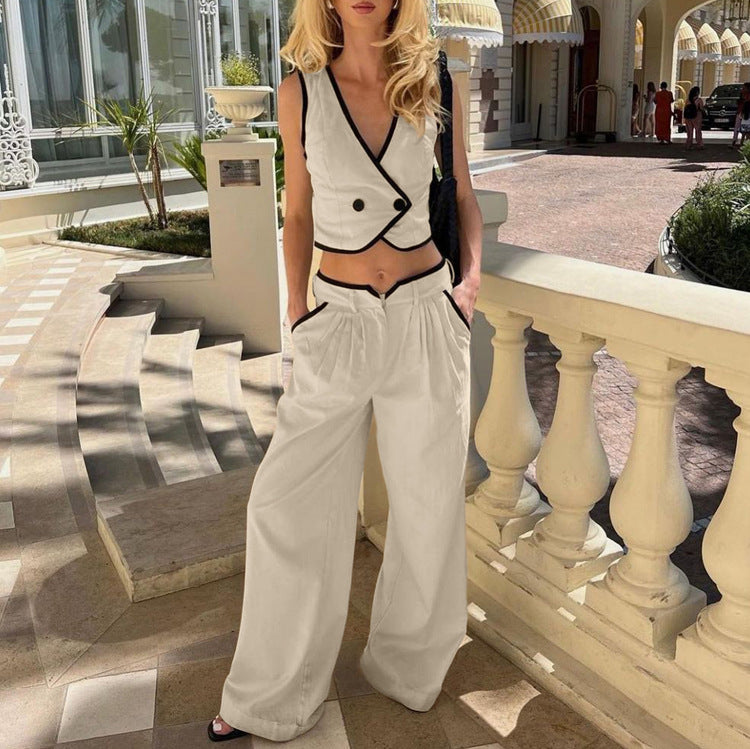 Color Matching Women's Sleeveless Vest Top High Waist Wide Leg Pants Two Piece Set