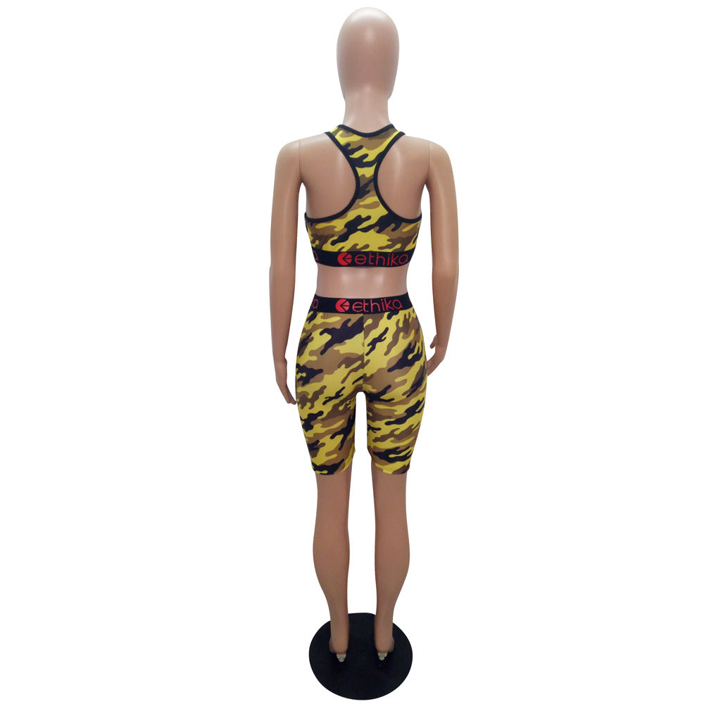 Cartoon Print Casual Camouflage Tank Biker Shorts Two-Piece Set 17