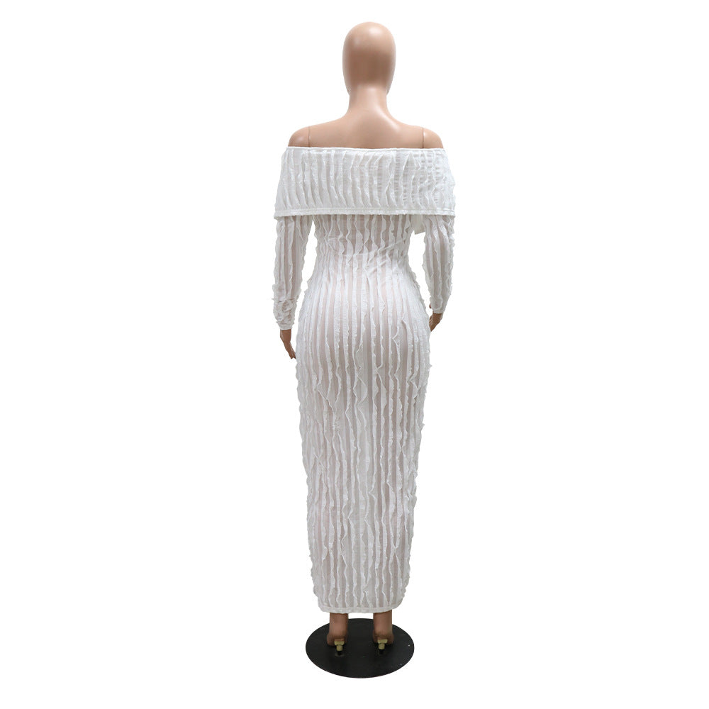 Spring Summer Women Fashion Sexy See-Through Off Shoulder Shirt Button Long Dress 13