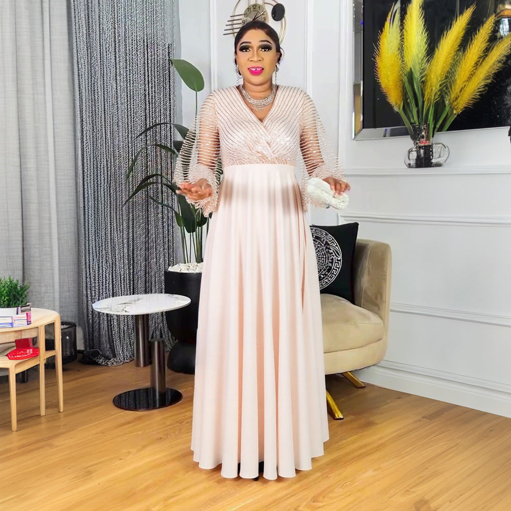 Muslim Dubai Women's African Sleeve Loose Casual Beaded Robe Dress 4