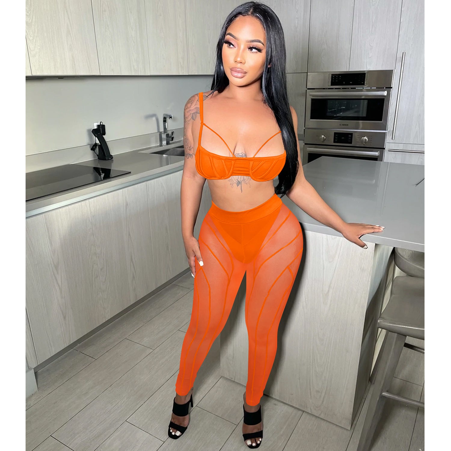 Women sexy bra strap zipper mesh See-Through trousers two-piece set 5