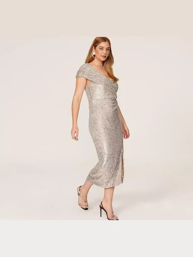 Women's Sequin Slash Shoulder Slit Sexy Party Dress 3