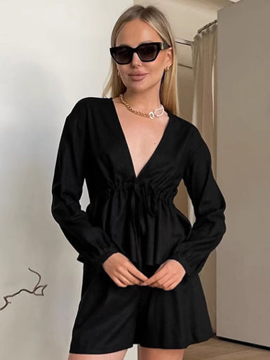Black V-Neck Linen Long Sleeve Top Shorts Autumn And Winter Fashion Two-Piece Set 4