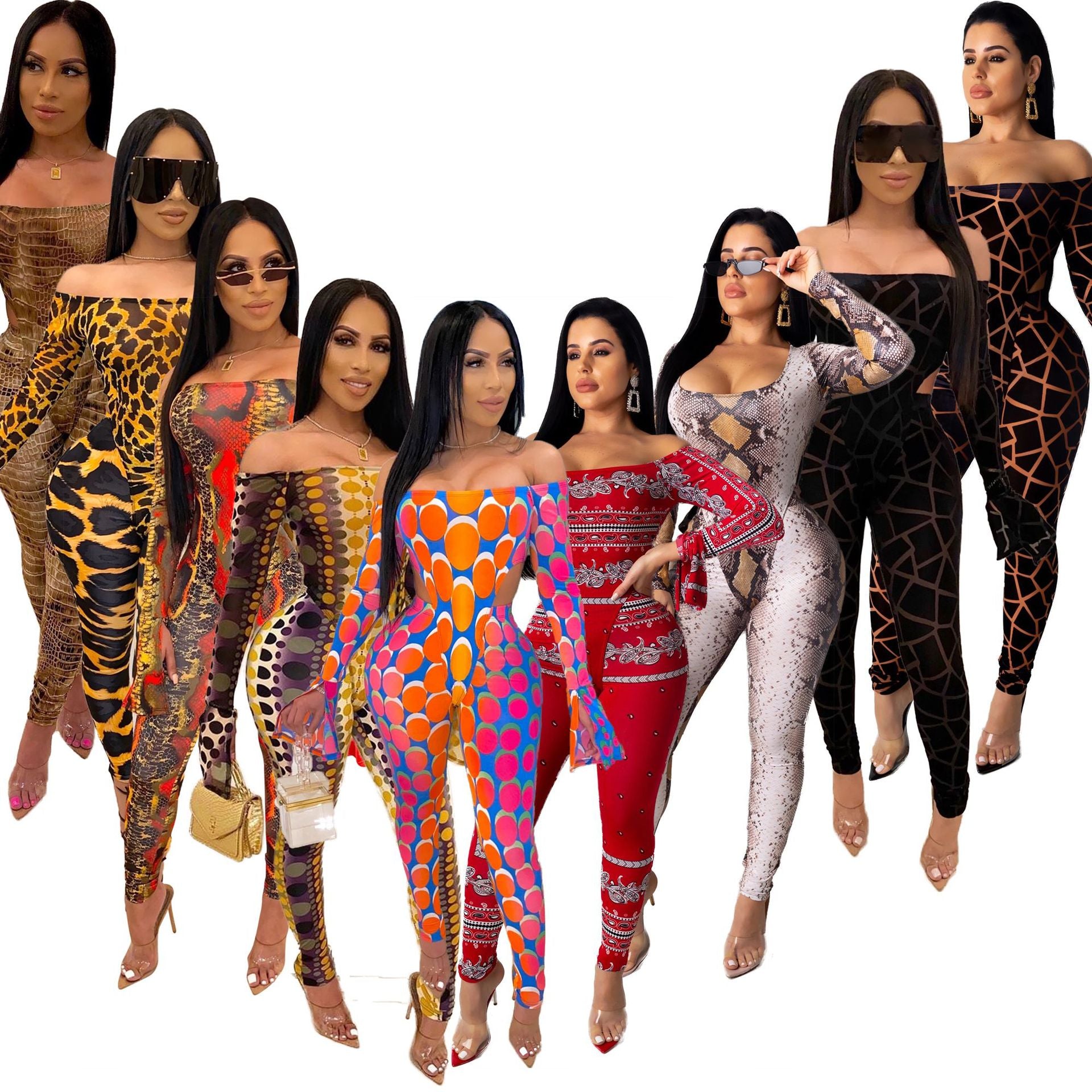 Women Long Sleeve Printed Bodysuit and Pant Two-piece Set 10