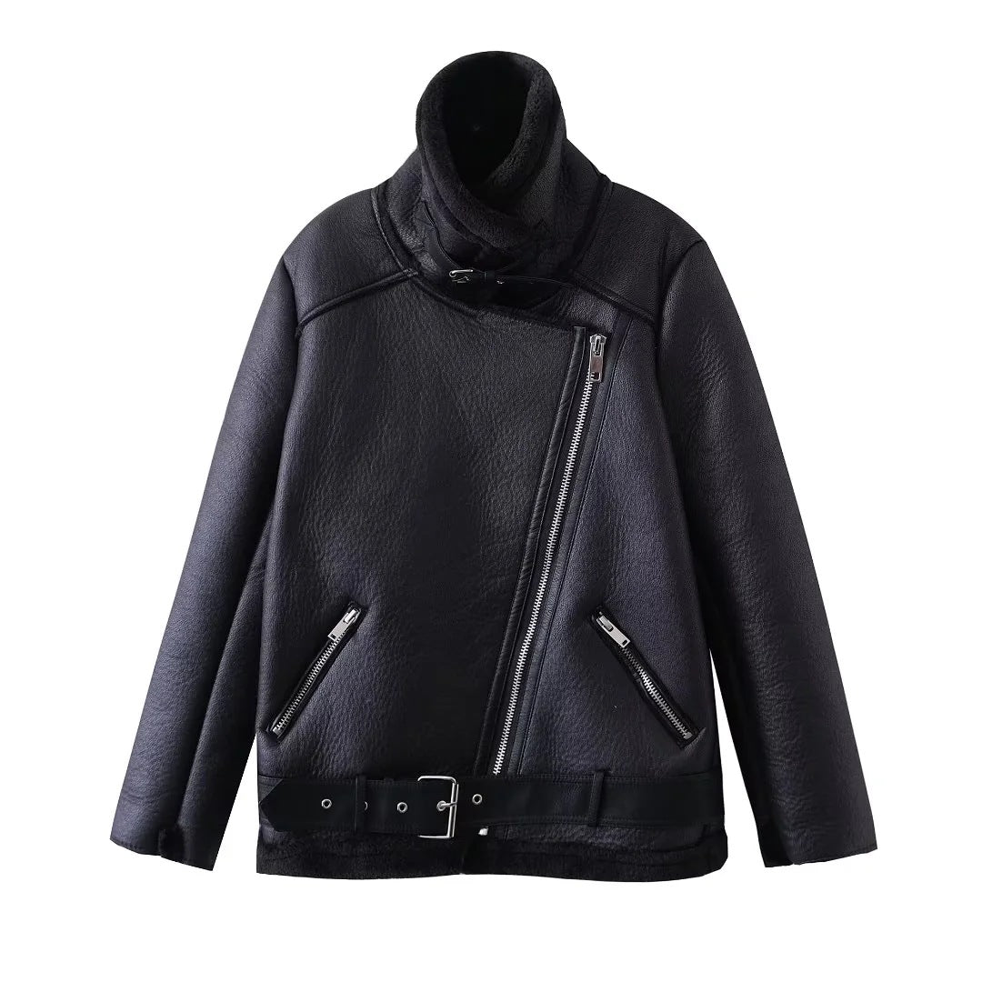 Women Lamb Wool PU-Leather Warm Jacket 4
