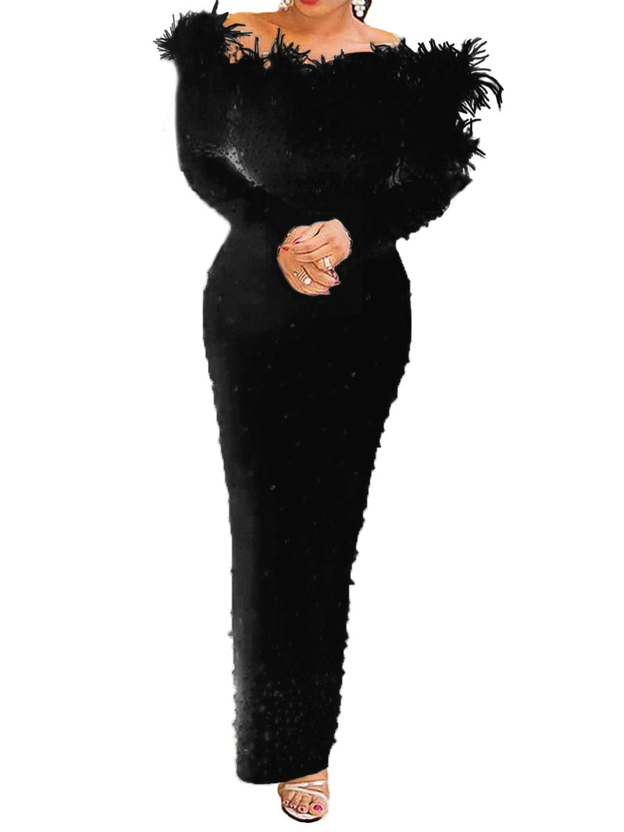 Fall Winter Women'S New Beaded Off Shoulder Bodycon Sexy Evening Dress 3