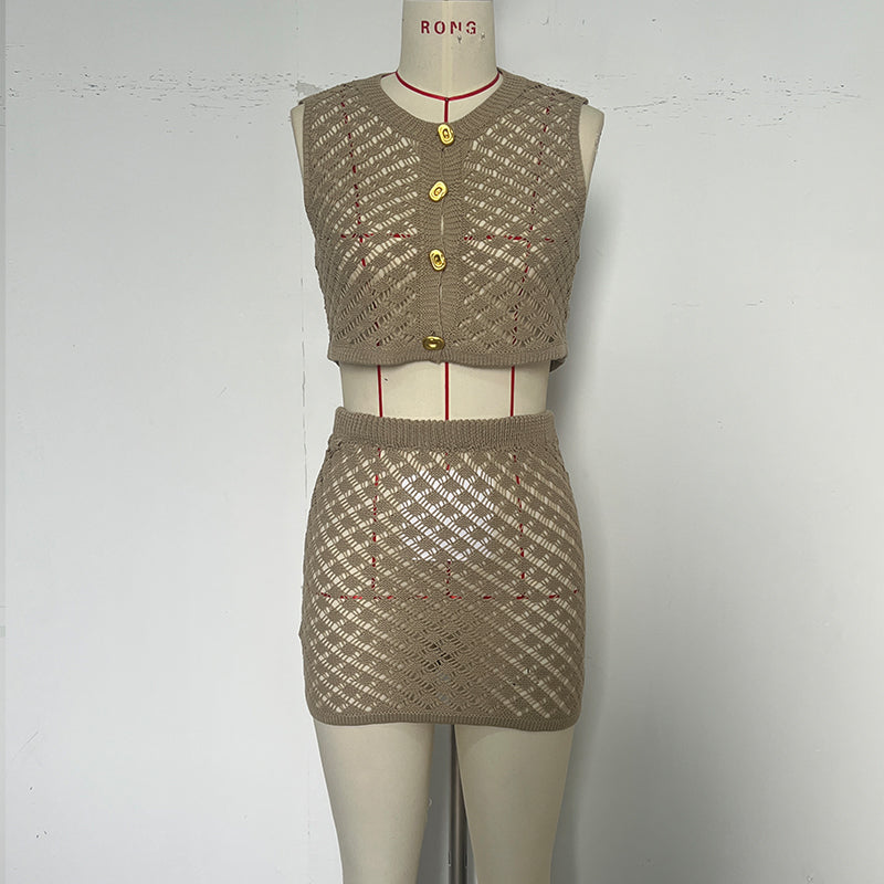 Button Vest Short Skirt Fashion Sunscreen Beach Two-piece Set 13