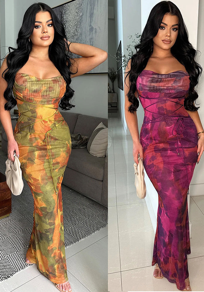 Women Sexy Double Tie-Dye Printed Backless Strap Dress