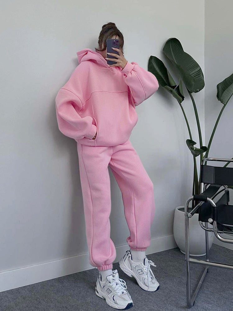 Women Solid Hoodies and Pant Casual Two-piece Set 5