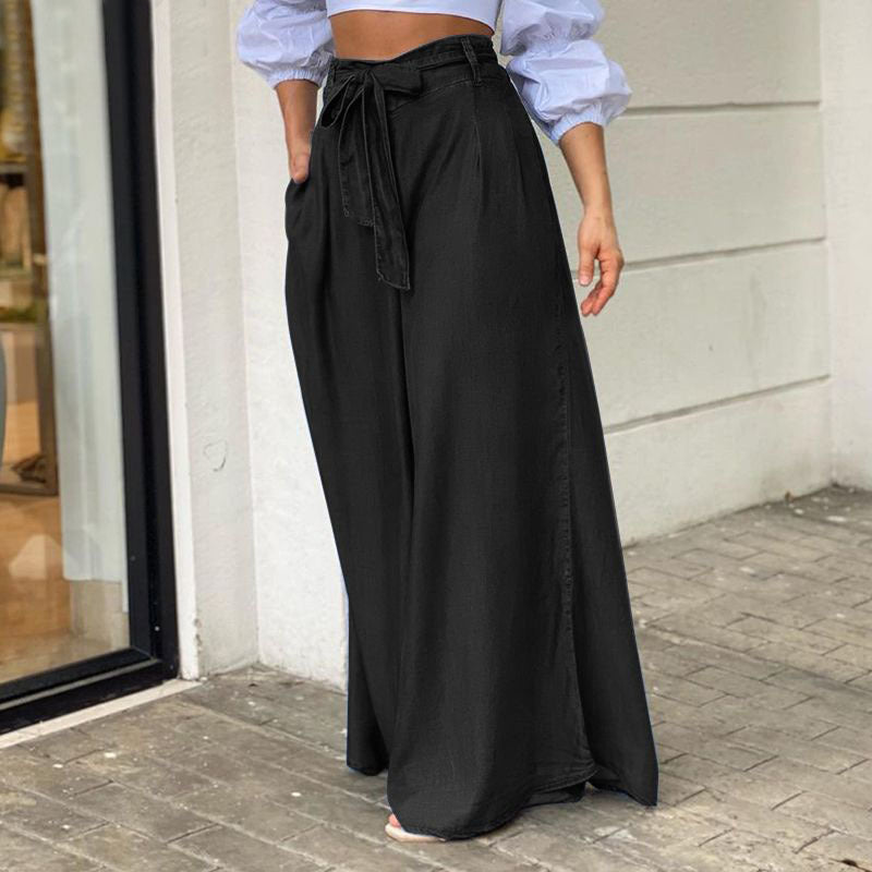 Plus Size Women Casual Denim Strappy High Waisted Wide Leg Pants 6
