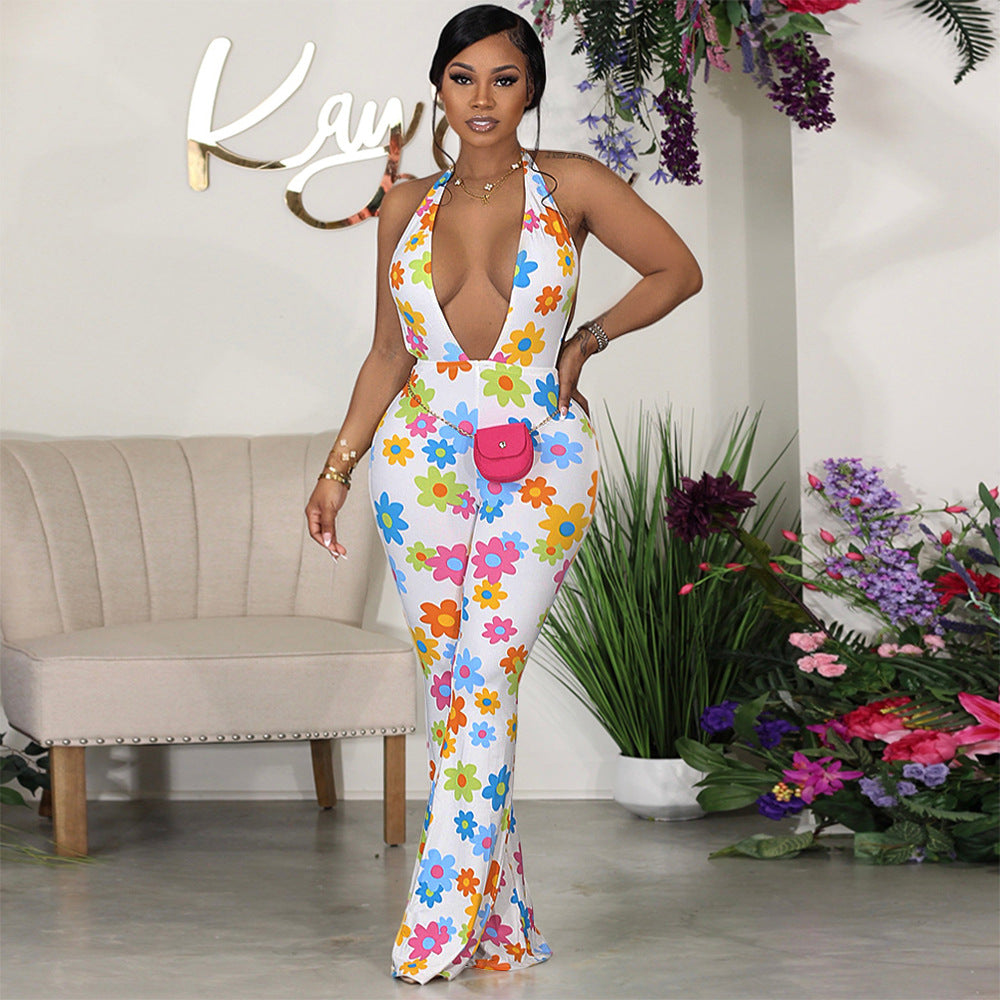 Women Summer Sexy Deep V Flower Print Halter Neck Jumpsuit 3