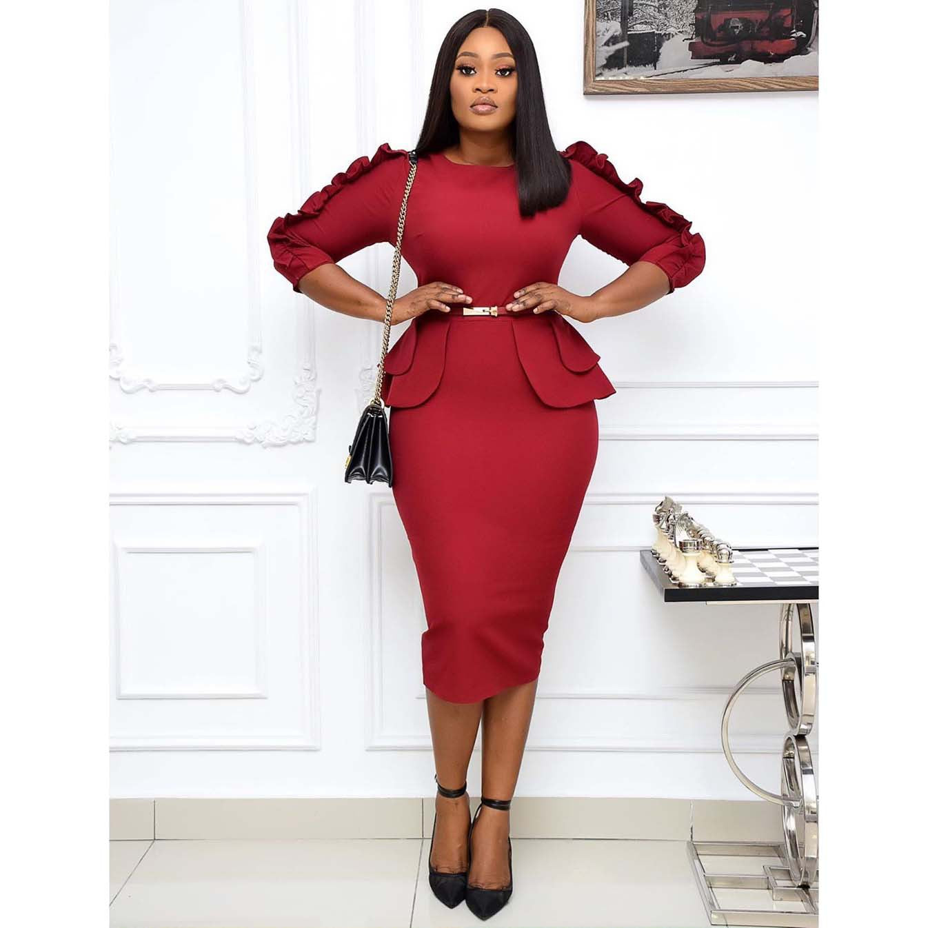 Plus Size Women Ruffle Edge Patchwork Sexy Dress With Belt